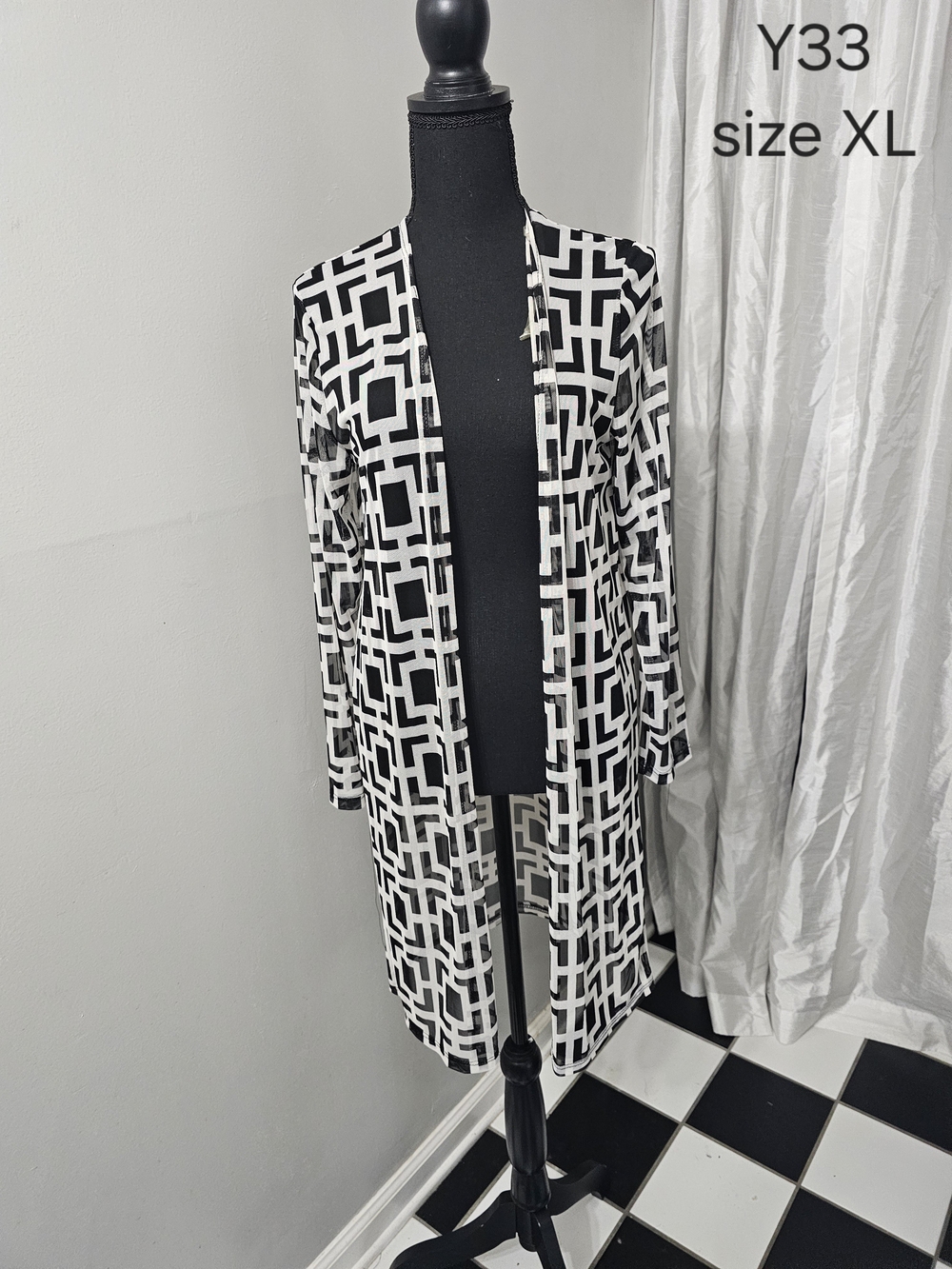 Geometric Open-Front Longline Cardigan Jacket - Black/White